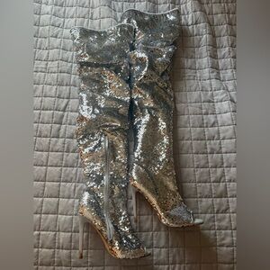 Sequin peeptoe thigh high boots